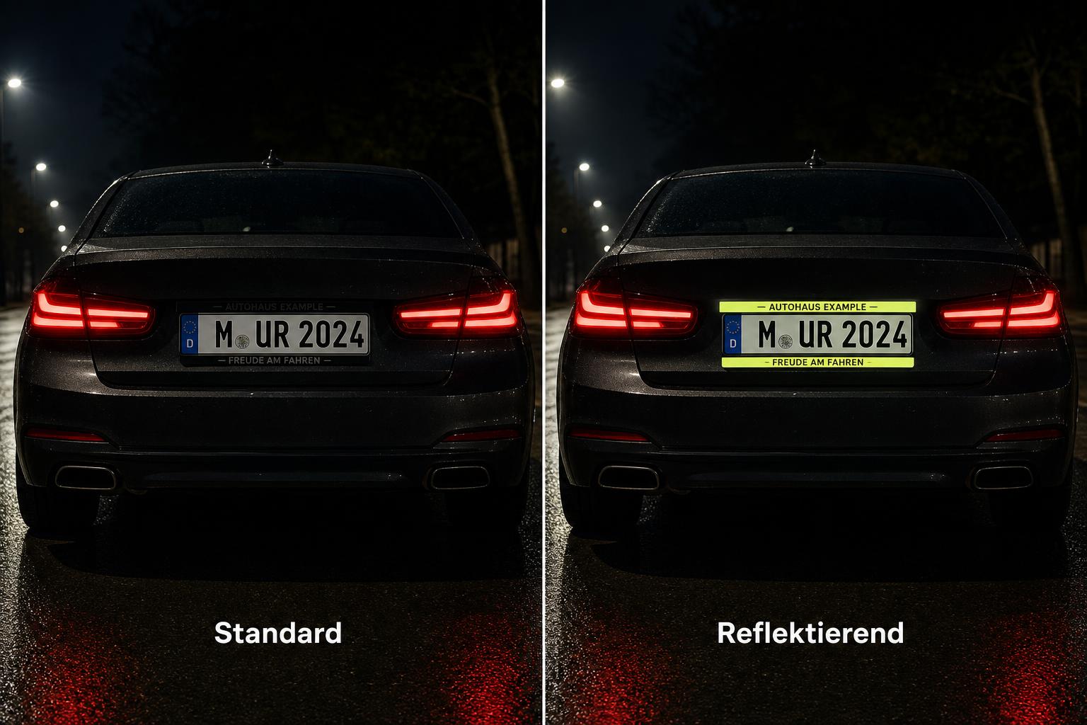 Vorher-Nachher: links Auto bei Nacht mit normalem Kennzeichenhalter, rechts Auto bei Nacht mit reflektierender Werbung am Kennzeichenhalter